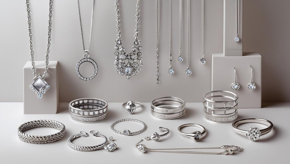 Assorted 925 Silver jewelry pieces arranged on neutral stands, featuring intricate designs and gemstones, representing the variety and quality of authentic sterling silver.