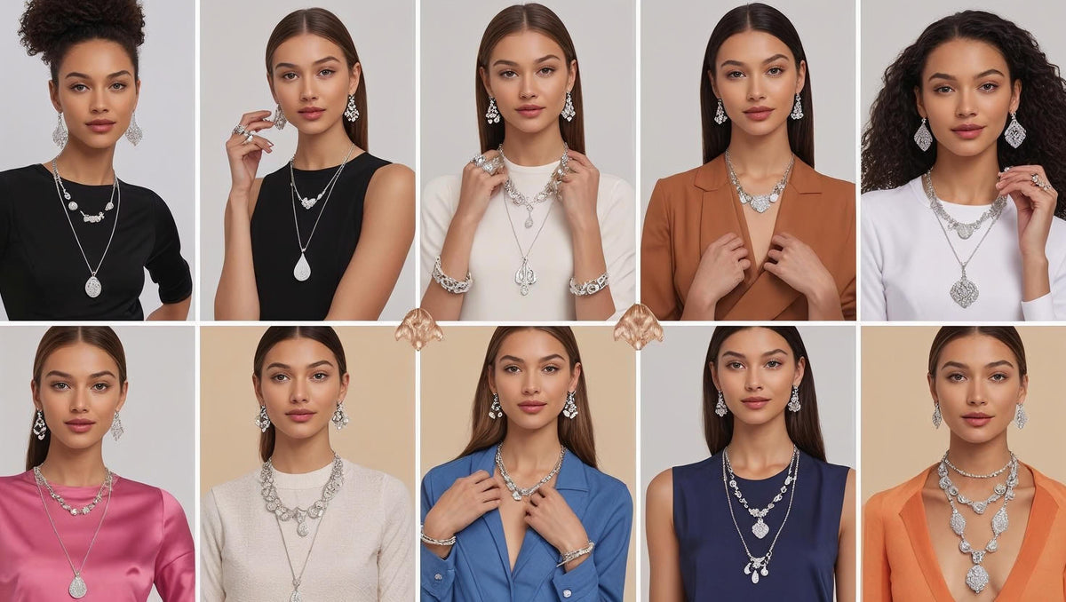 Models wearing coordinated silver jewelry like earrings, layered necklaces, and bracelets with stylish blouses and dresses in multiple outfit tones.