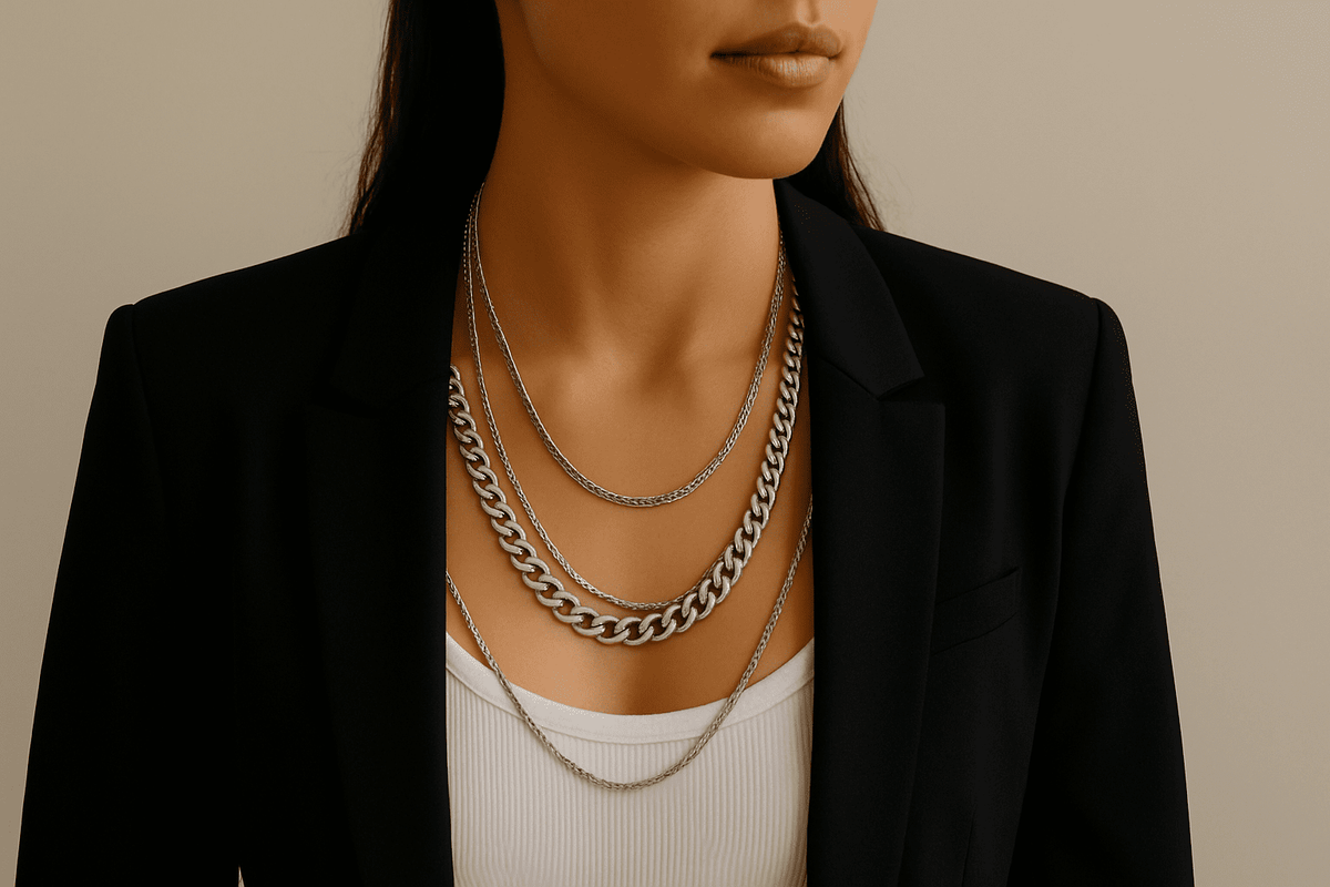 Close-up of a woman wearing a black blazer and white top, styled with layered silver chains of varying thickness and length.