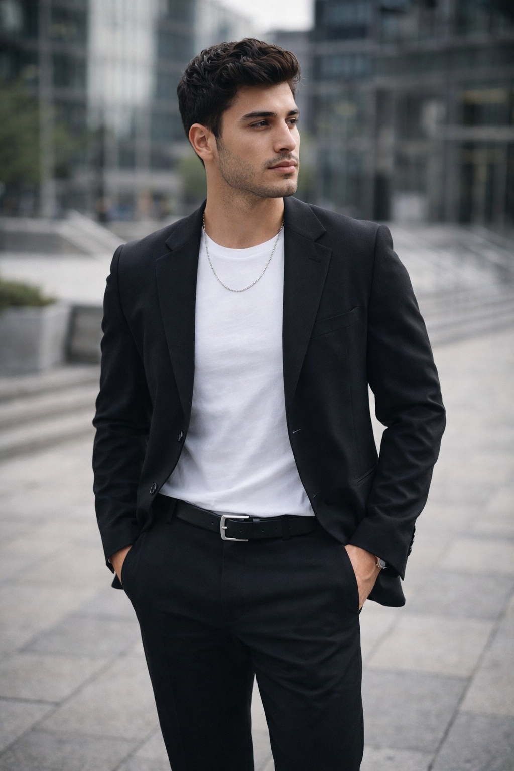 Man wearing Teddy Howler Franco chain necklace and a black blazer over a white shirt with a blurred cityscape background