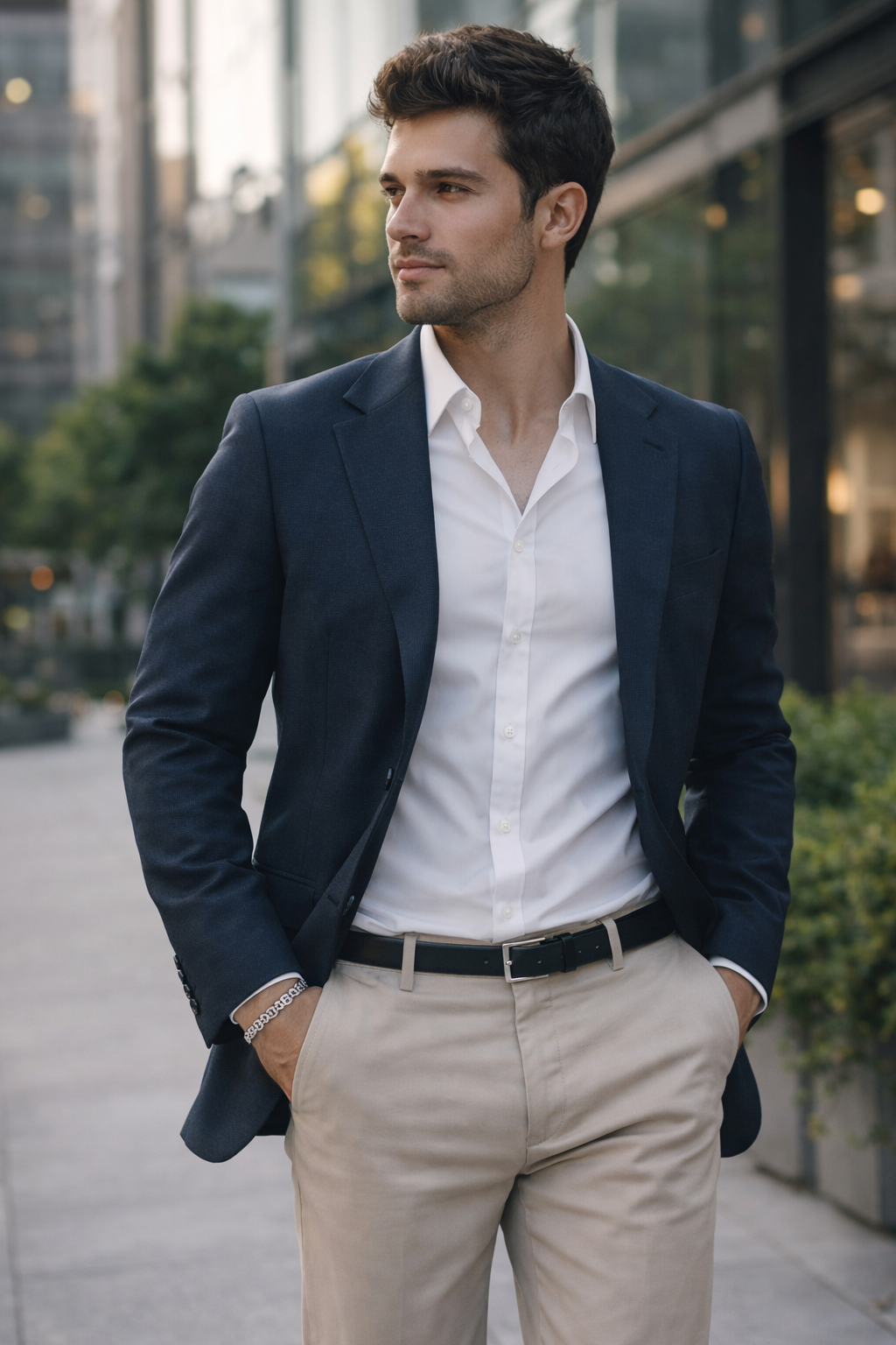 Man wearing a navy blazer, white shirt, and beige pants and wearing a Teddy Howler Curb SF Pavé Bracelet standing outdoors.