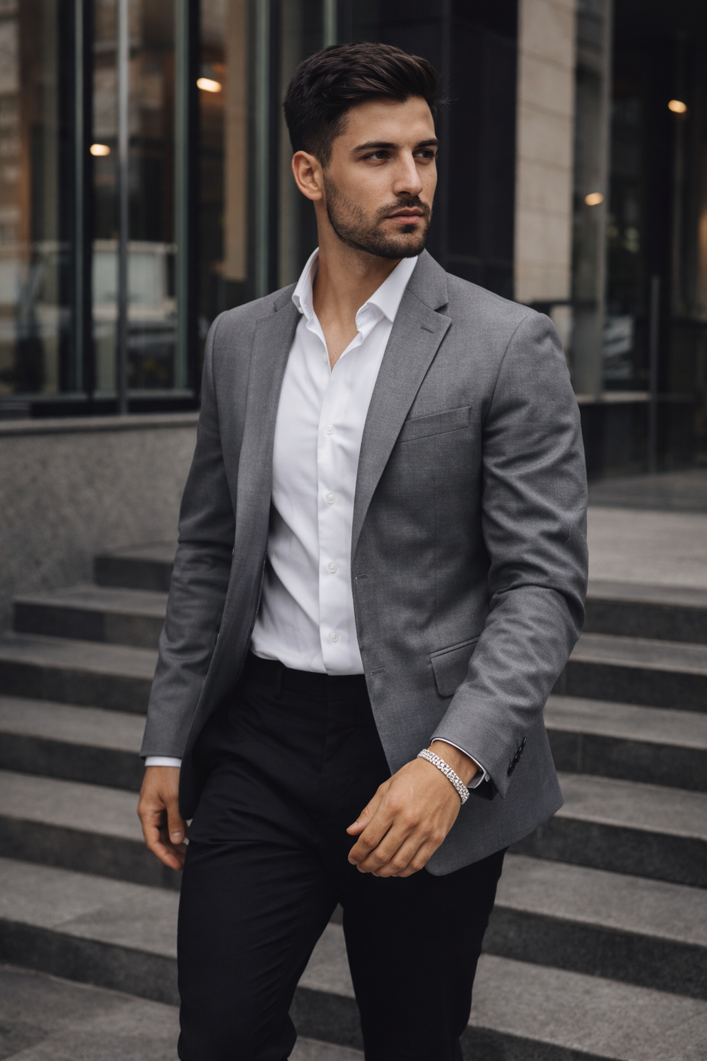 Man in a gray blazer and white shirt wearing a Teddy Howler Curb SF Pavé Bracelet standing on steps in an urban setting