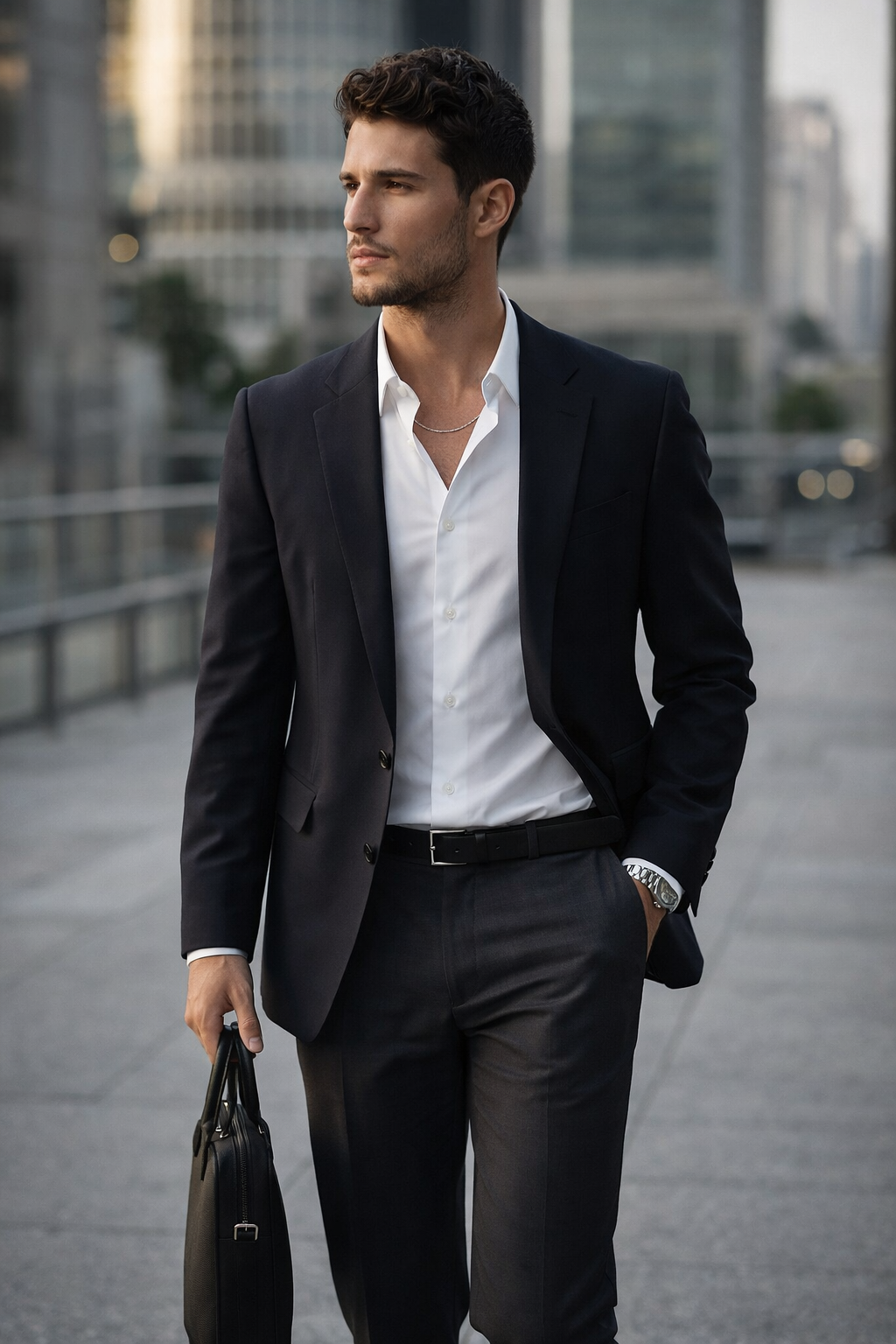 Man wearing Teddy Howler box chain necklace in a black suit and white shirt holding a briefcase in an urban setting