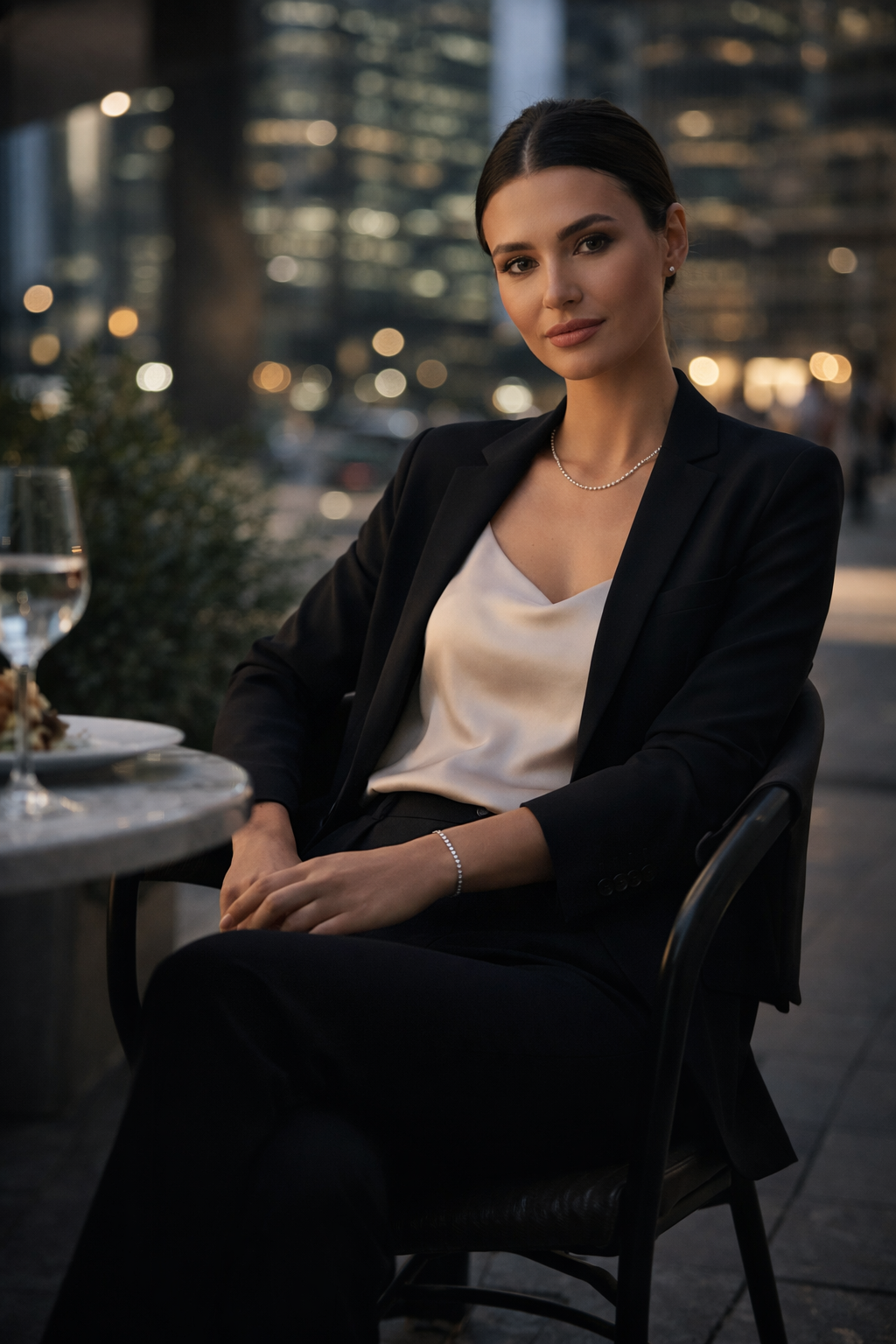 Woman wearing Teddy Howler box chain necklace sitting at a table with a blurred cityscape background