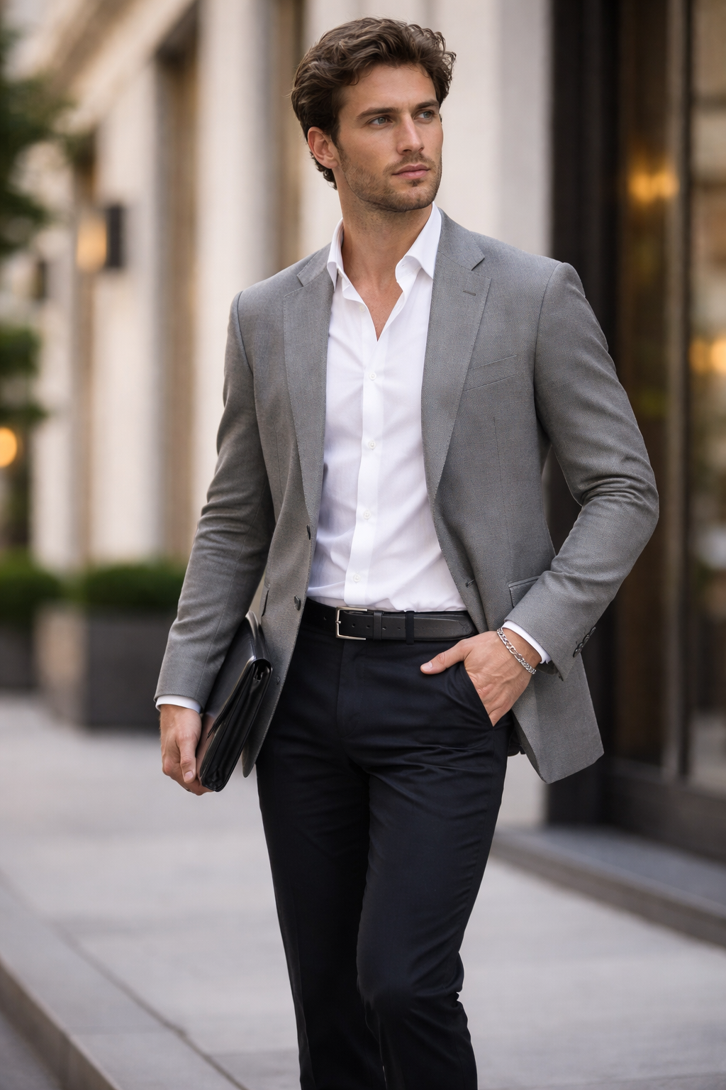 Man wearing a Teddy Howler double link chain bracelet in a gray suit walking on a city street