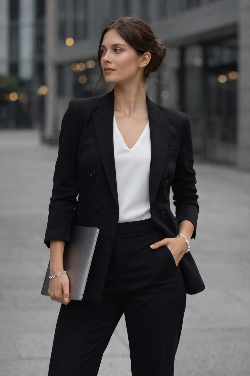 Woman wearing a Teddy Howler tiger eye silver bracelet in a black suit holding a laptop in an urban setting