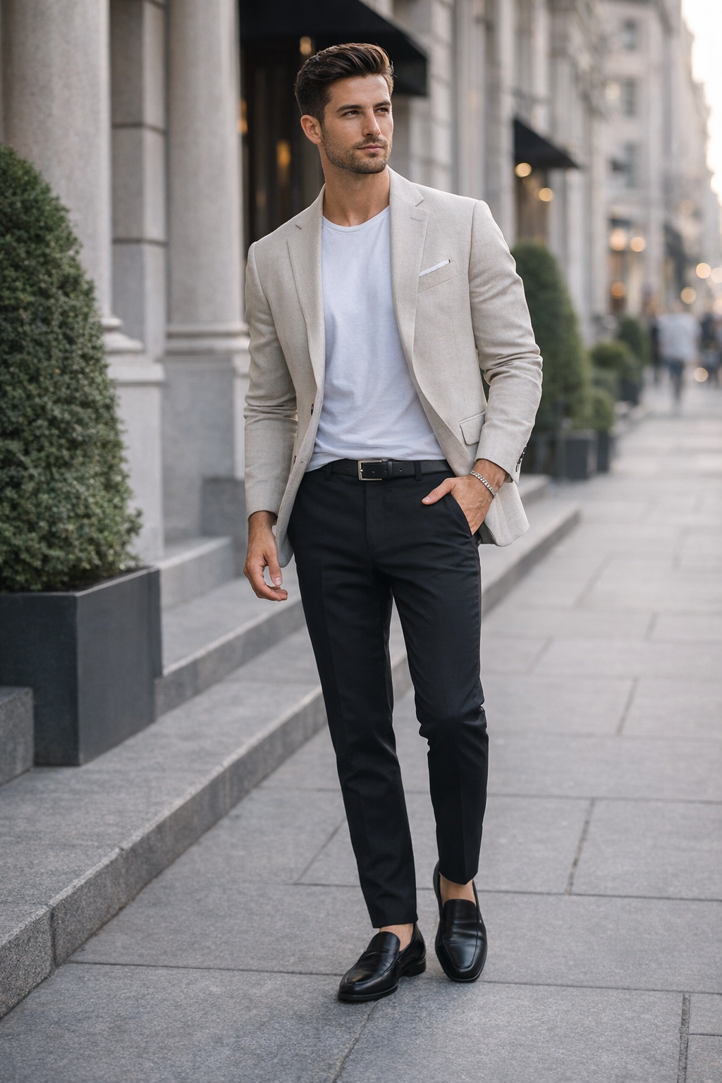Man in a light gray blazer, white shirt, and black pants wearing Teddy Howler hollow curb bracelet standing on a city street.