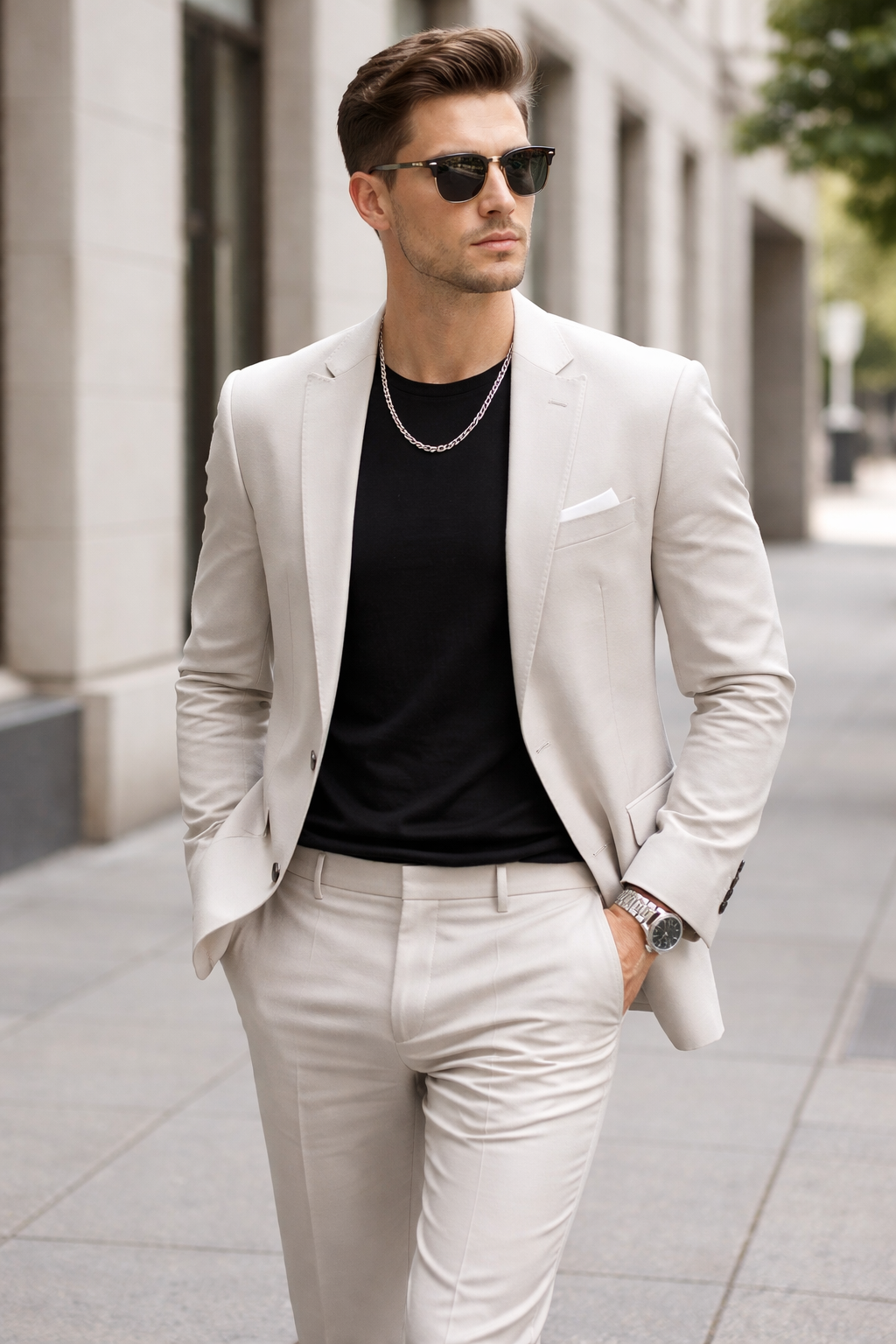 Man wearing a Teddy Howler hollow curb necklace and a light gray suit with a black shirt and sunglasses on a NY city street.