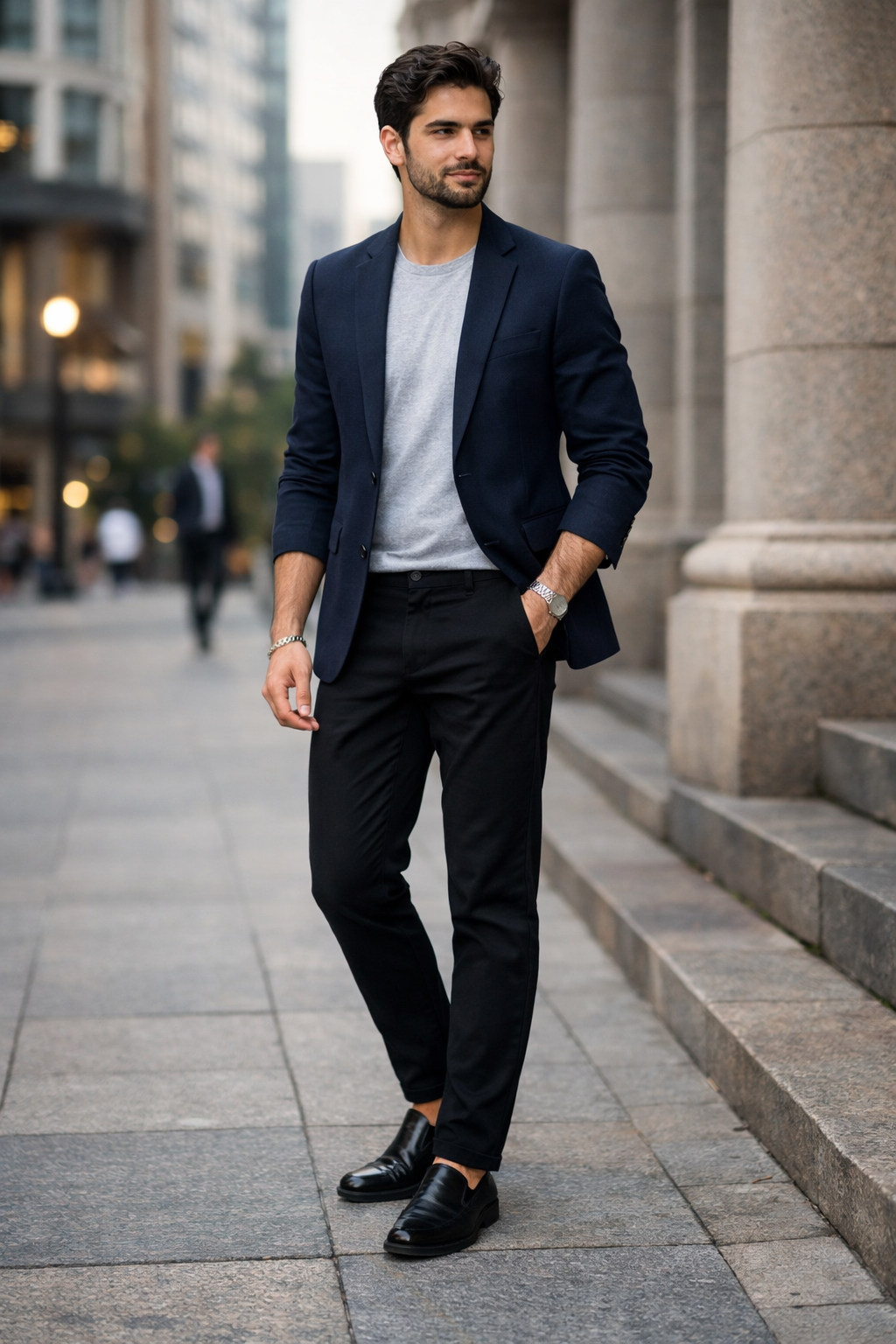 Man wearing a Teddy Howler tiger eye silver bracelet in a navy blazer and black pants standing on a city street.