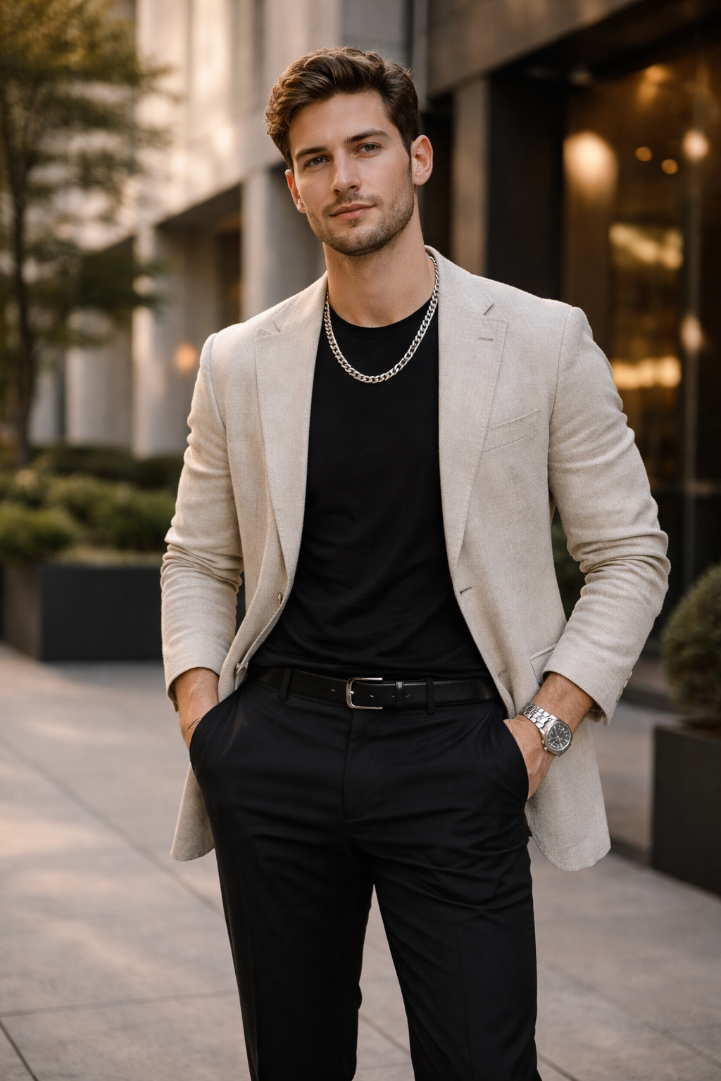 Man in a beige blazer over a black shirt and pants standing outdoors wearing a Teddy Howler Double link chain necklace.