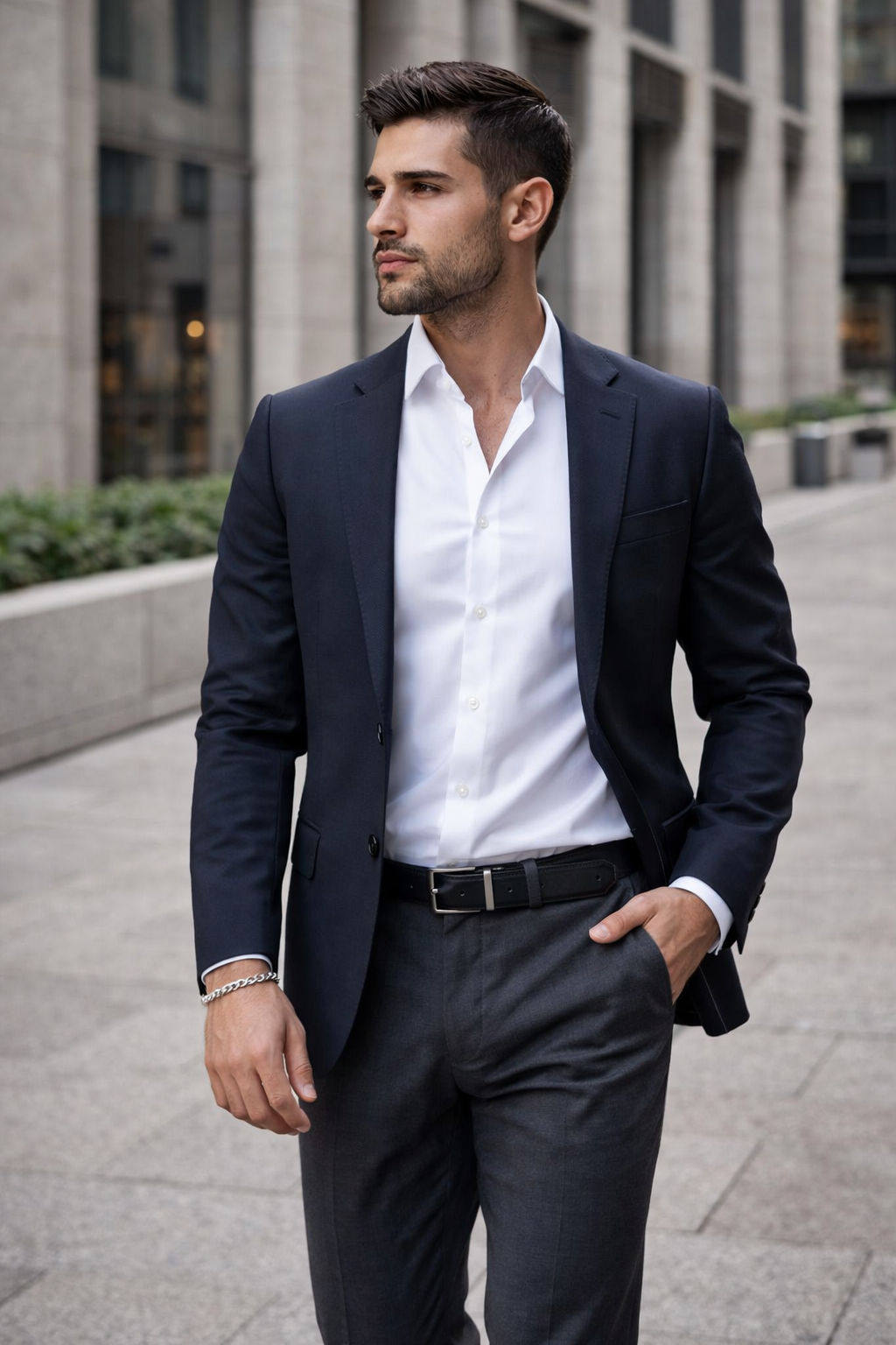 Man wearing a Teddy Howler tiger eye silver bracelet and also wearing a navy blazer and white shirt in an urban setting