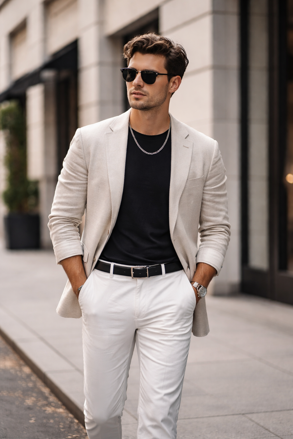 Man wearing a Teddy Howler hollow curb necklace and a light gray blazer, black shirt, and white pants on a city street.
