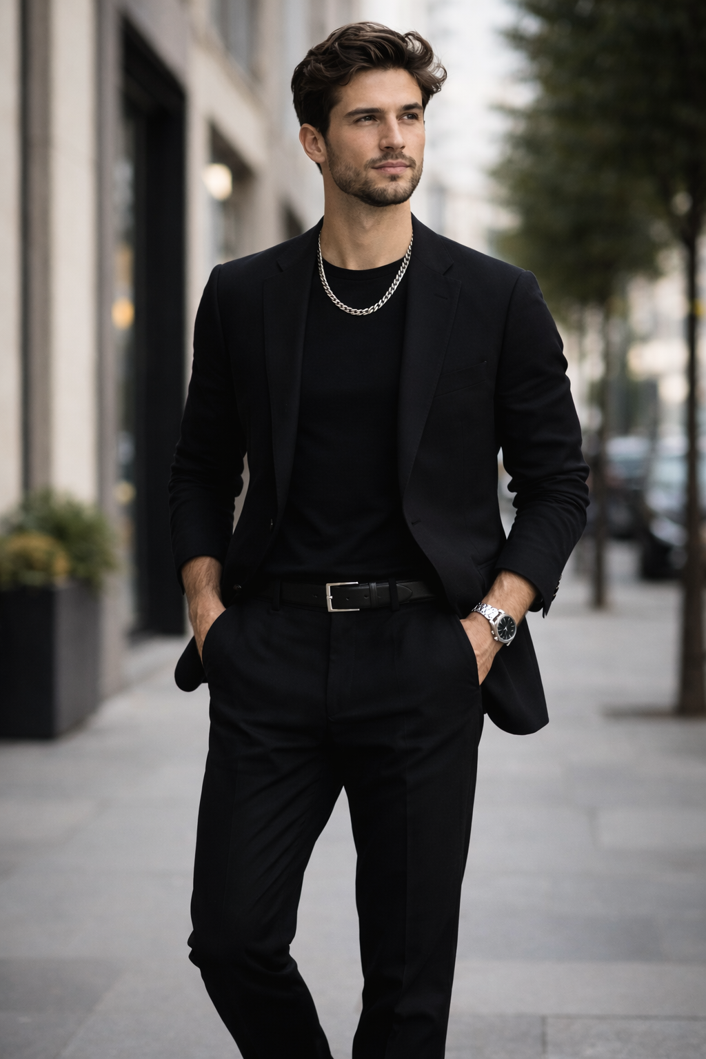 Man in a black suit wearing a Teddy Howler hollow curb necklace walking on a city street