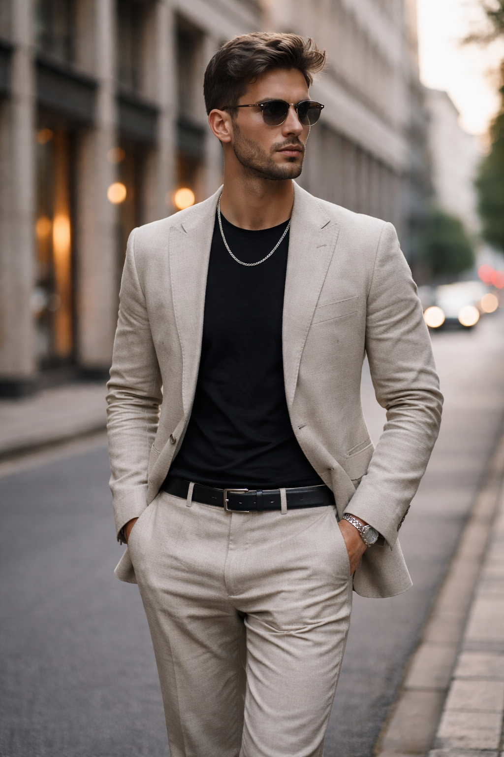 Man wearing a Teddy Howler Tiger Eye Italian Silver necklace in a light gray suit walking on a city street