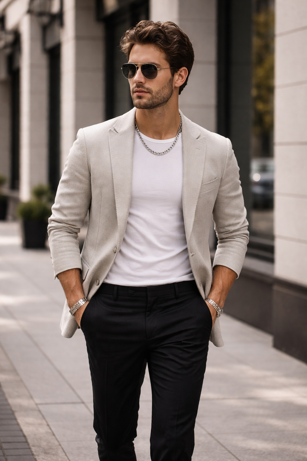 Man wearing a Teddy Howler Tiger Eye Italian Silver necklace and a light gray blazer, white shirt, and black pants on a city street.