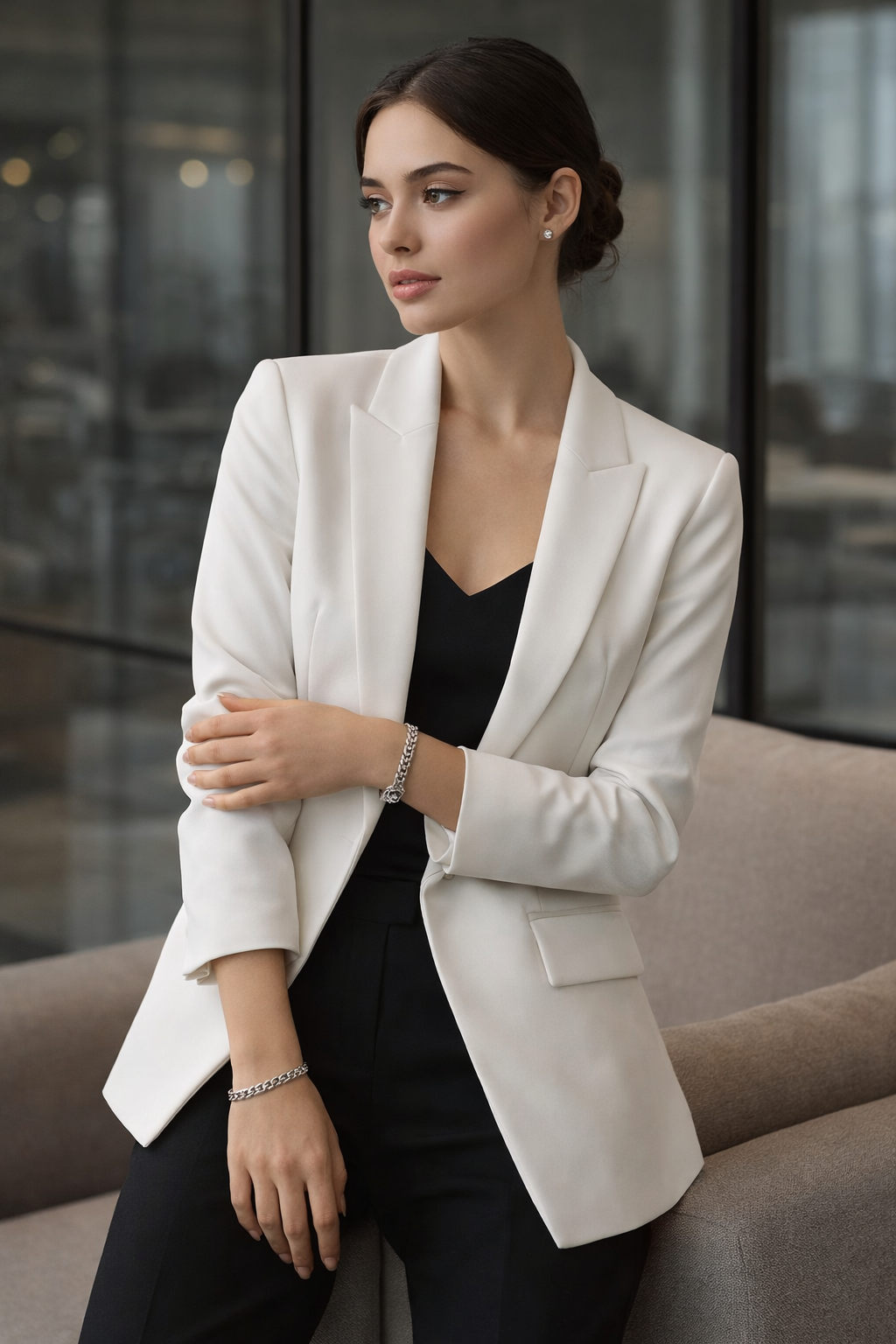 Woman in a white blazer sitting on a couch in an indoor setting wearing Teddy Howler hollow curb bracelet.