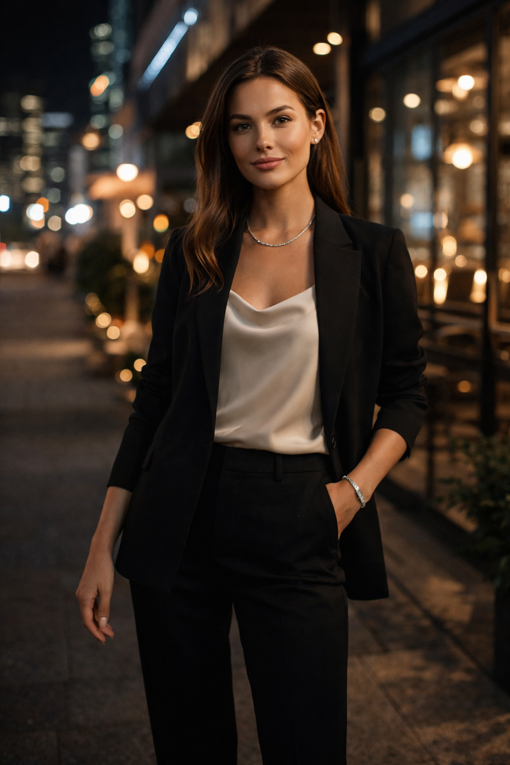 Woman in a black blazer and white top and wearing Teddy Howler Box chain bracelet standing on a city street at night.