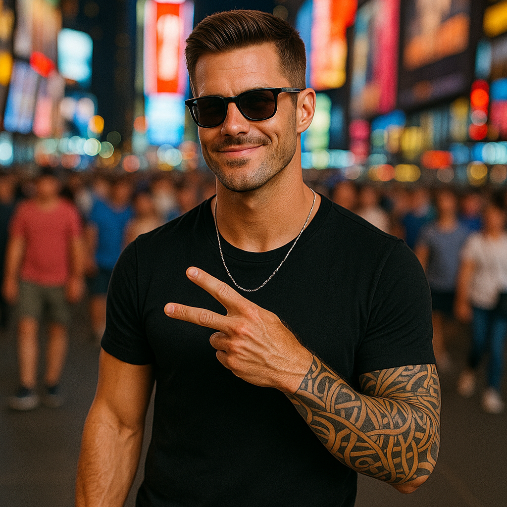 Man in black shirt and sunglasses making a peace sign in a busy urban setting
