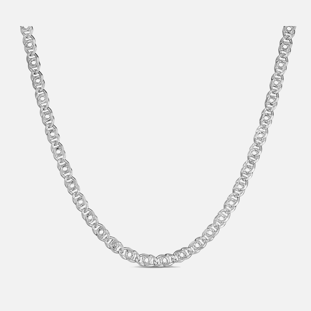 A silver-colored necklace with smooth, polished tiger eye silver chain displayed against a white background.