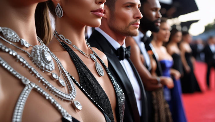 **Ideal Alt Text (under 125 characters):** Athletes and models wearing glamorous 925 Italy silver jewelry on a red carpet event.