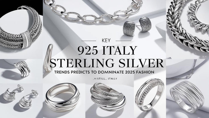 Collage of 925 Italy sterling silver jewelry pieces showcasing trending designs for 2025 fashion.