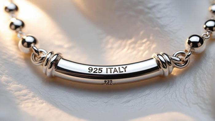 Close-up of 925 Italy sterling silver bar necklace