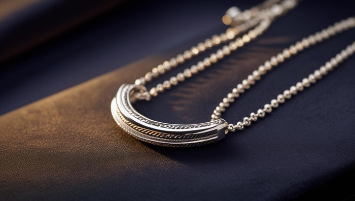 Close-up of a sterling silver necklace with a decorative curved bar pendant on a beaded chain.