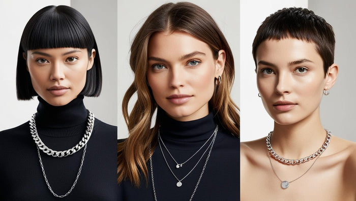 Three stylish women wearing different silver chain necklaces layered over black outfits, highlighting bold and elegant styling ideas for silver chains.