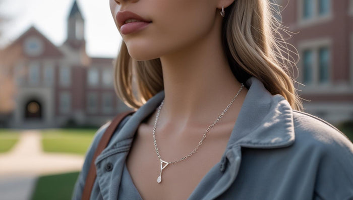 Close-up of a student wearing a minimalist silver chain necklace on campus with a brick university building in the background.