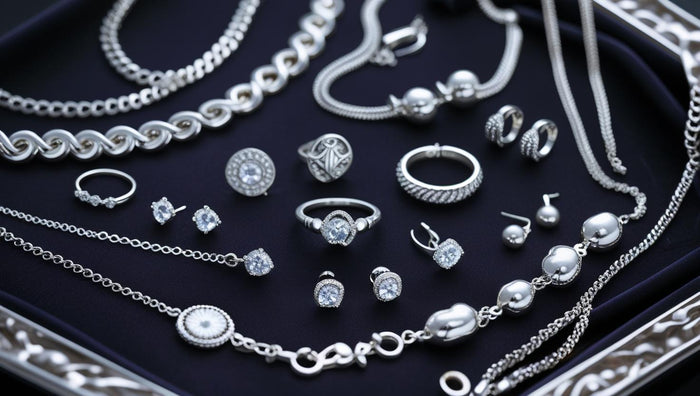 Collection of elegant 925 sterling silver jewelry including rings, necklaces, bracelets, and earrings displayed on a dark velvet surface.
