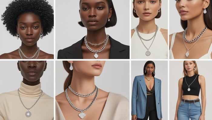 Collage of women wearing various silver chain necklaces with pendants and statement links in stylish outfits.