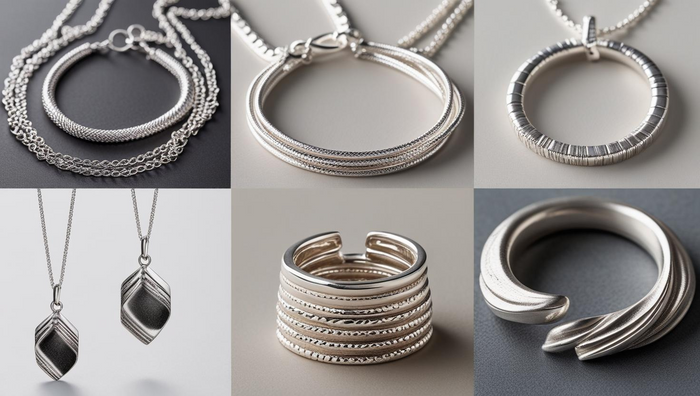 Assorted sterling silver jewelry including layered chains, cuffs, modern rings, and leaf-inspired pendants—highlighting trending 2025 designs.