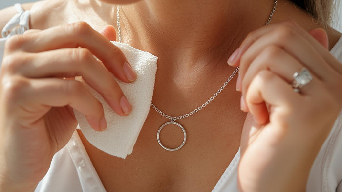 Woman cleaning a sterling silver necklace pendant with a soft polishing cloth.