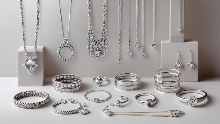 Assorted 925 Silver jewelry pieces arranged on neutral stands, featuring intricate designs and gemstones, representing the variety and quality of authentic sterling silver.