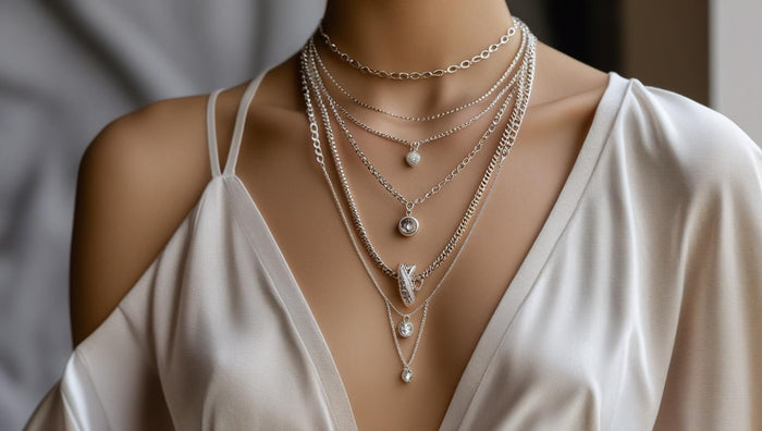 Model in a satin V-neck stacked with sterling silver necklaces from choker to long, featuring several pendants—modern Silver Necklace layering.