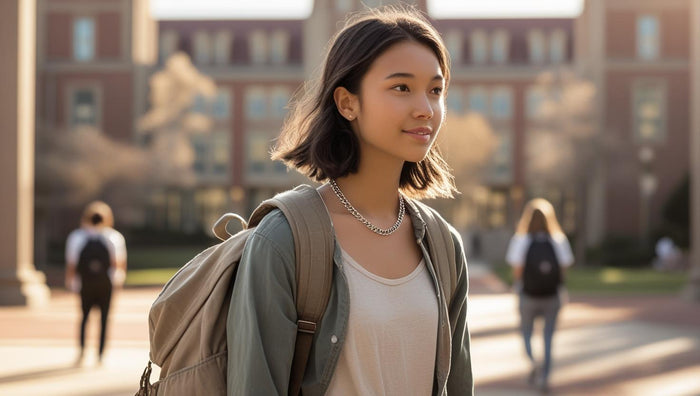 College student wearing a silver chain and backpack, walking through campus on a sunny day.