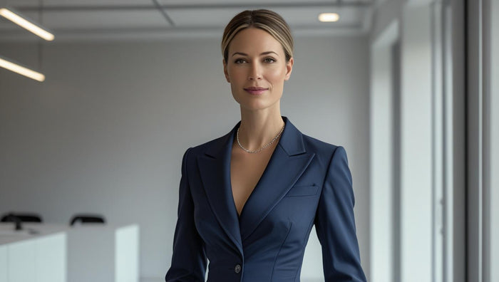 Professional woman in a navy blazer wearing a minimalist Silver Chain necklace in a bright office environment.