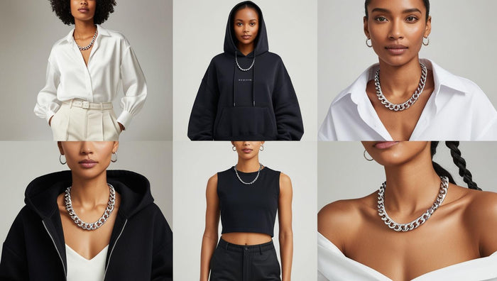 Women modeling various ways to style a silver chain necklace, paired with outfits ranging from formal button-downs to casual hoodies and off-shoulder tops.