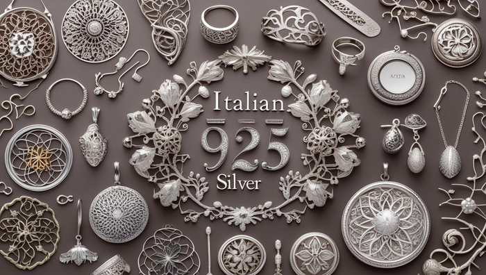 Elegant display of 925 Italy silver rings, earrings, and pendants arranged around a floral centerpiece.
