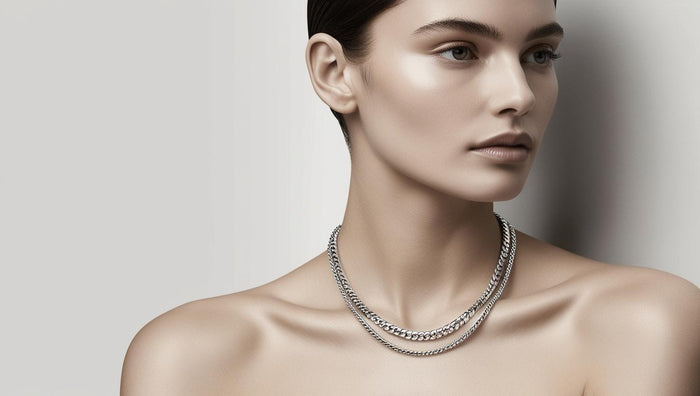 Portrait of a woman in a minimal setting wearing a delicate Silver Chain Necklace, representing modern minimalist fashion.