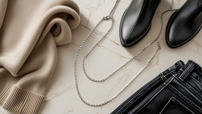 Flat lay of a silver chain with clothing and shoes, illustrating everyday style essentials.