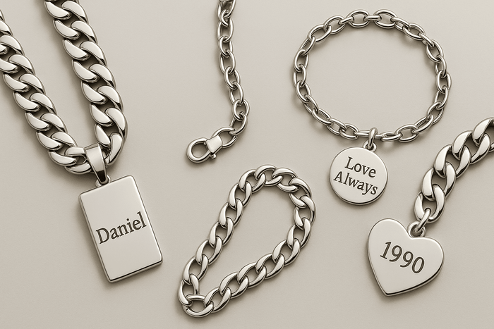 Personalized 925 Italy silver necklace and bracelets with engraved charms displayed on a neutral background.