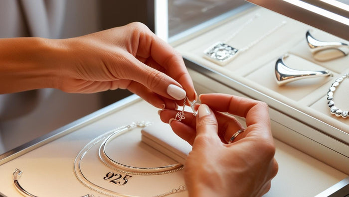 Woman examining silver jewelry pieces marked 925 Italy inside a well-lit display case.