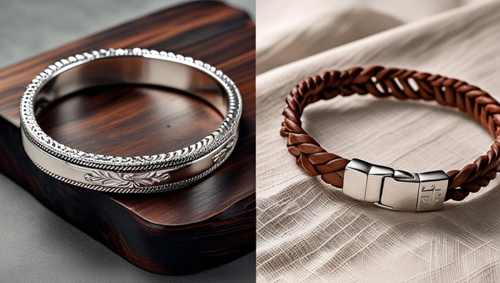 Side-by-side comparison of a polished silver bracelet and a braided leather bracelet with metal clasp.