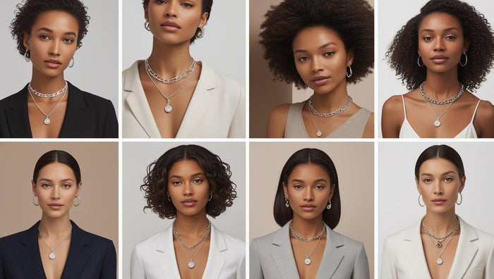 Women use layered silver necklaces and amulets styled with blazers and casual looks.
