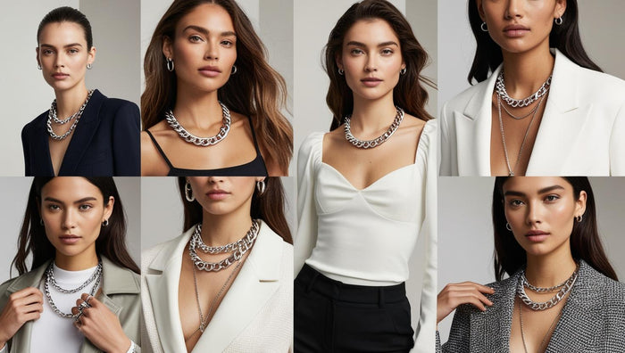 Women showcasing versatile silver chain necklaces in various stylish outfits.