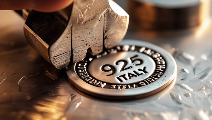 Stamping tool pressing a 925 Italy hallmark onto a silver medallion on a jeweler’s workbench