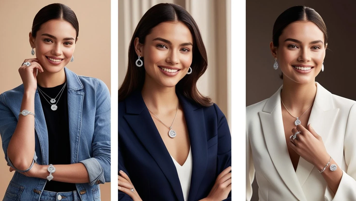 Women modeling 925 Italy silver jewelry sets including earrings, necklaces, rings, and bracelets for everyday elegance.