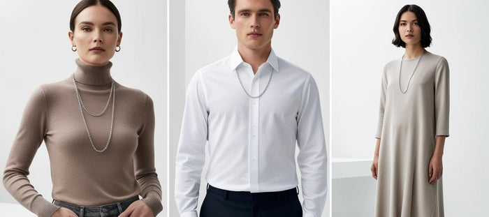 Men and women wearing silver chain necklaces styled with turtlenecks, dress shirts, and flowy dresses—demonstrating versatile, minimalist fashion.
