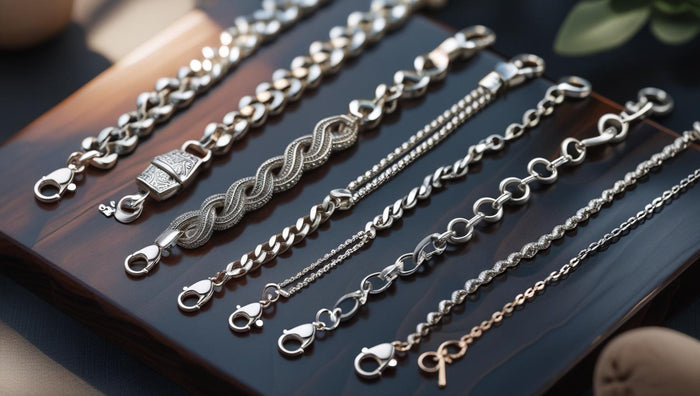 Different styles of 925 Italy Silver Bracelets, from Cuban links to rope chains, neatly arranged on wood.